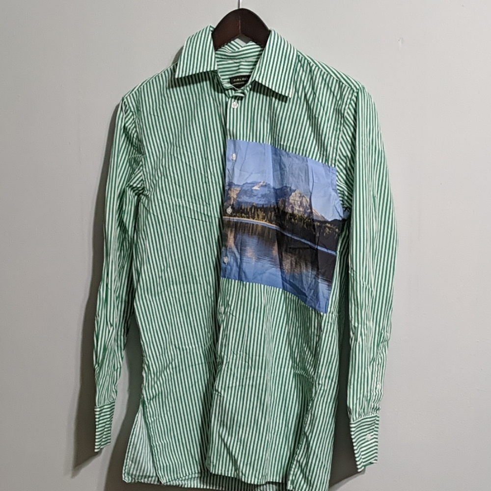 Zara men's green stripped shirt w image size S